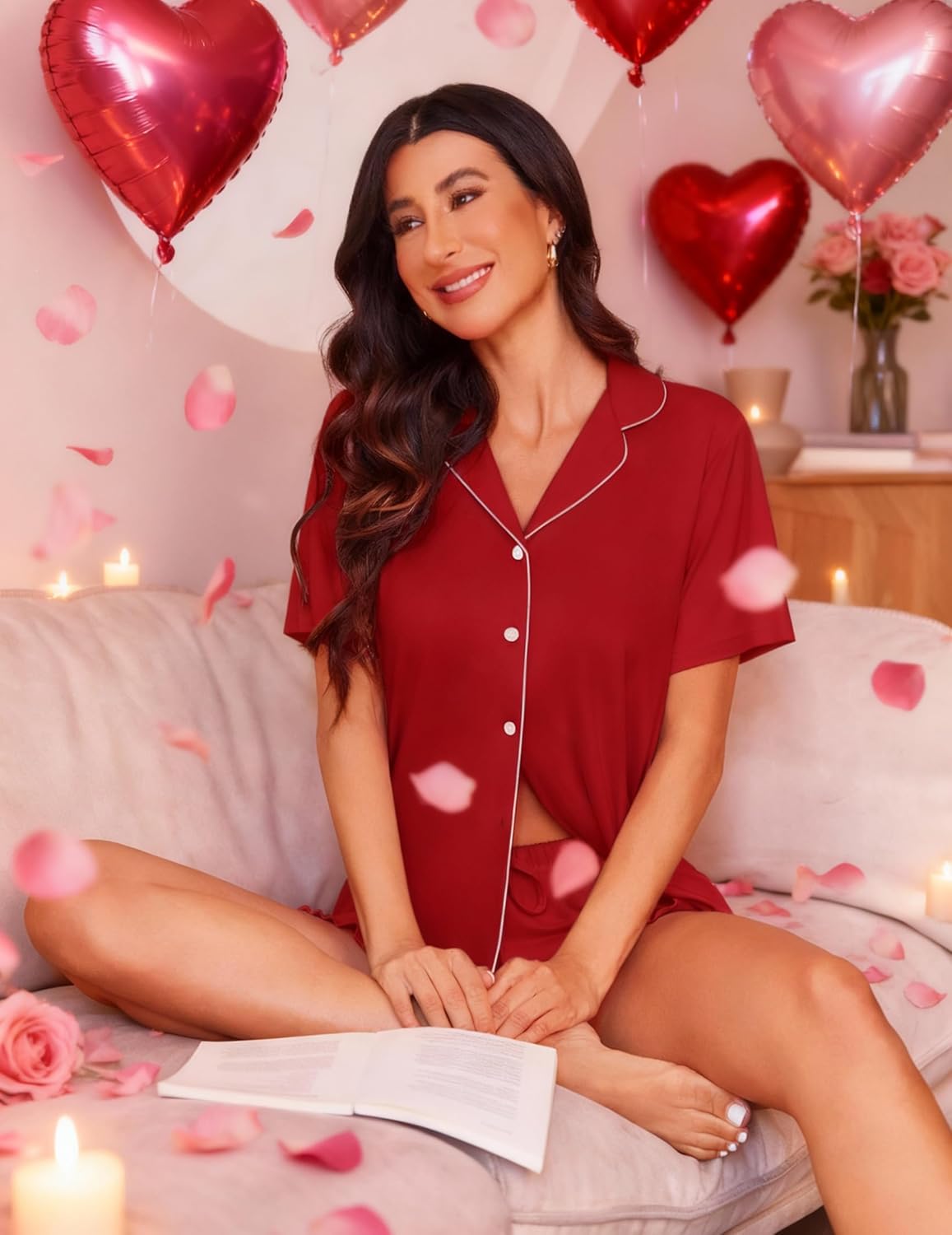 Red pajama set with short-sleeve button top and ruffled shorts