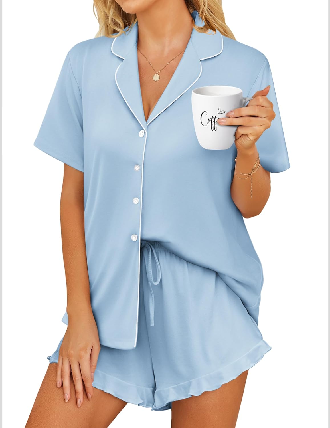 Sky-blue pajama set with short-sleeve button top and drawstring shorts