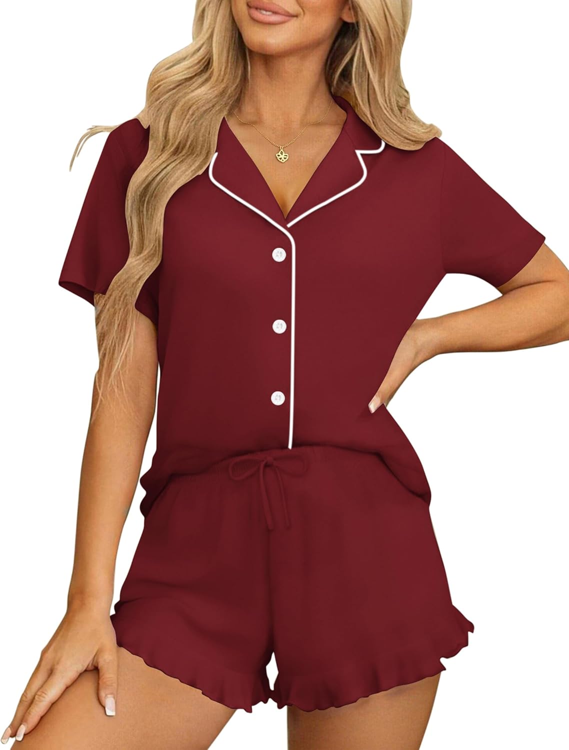 Burgundy women's pajama set with short-sleeve button shirt and drawstring shorts