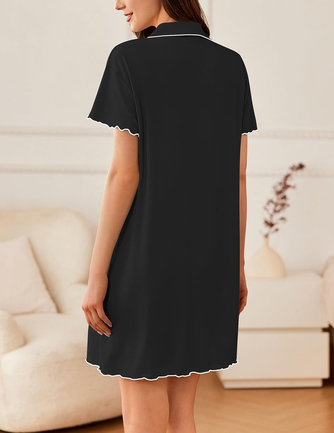 Black short-sleeve button-down sleep shirt with scalloped trim and chest pocket
