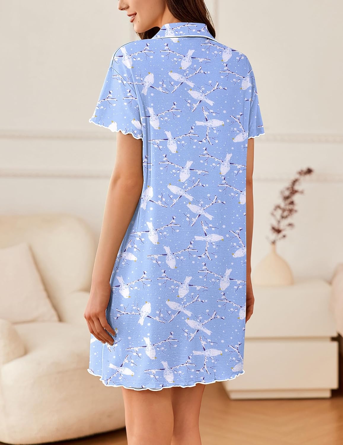Light blue star-print short-sleeve sleep shirt with button front and scalloped hem