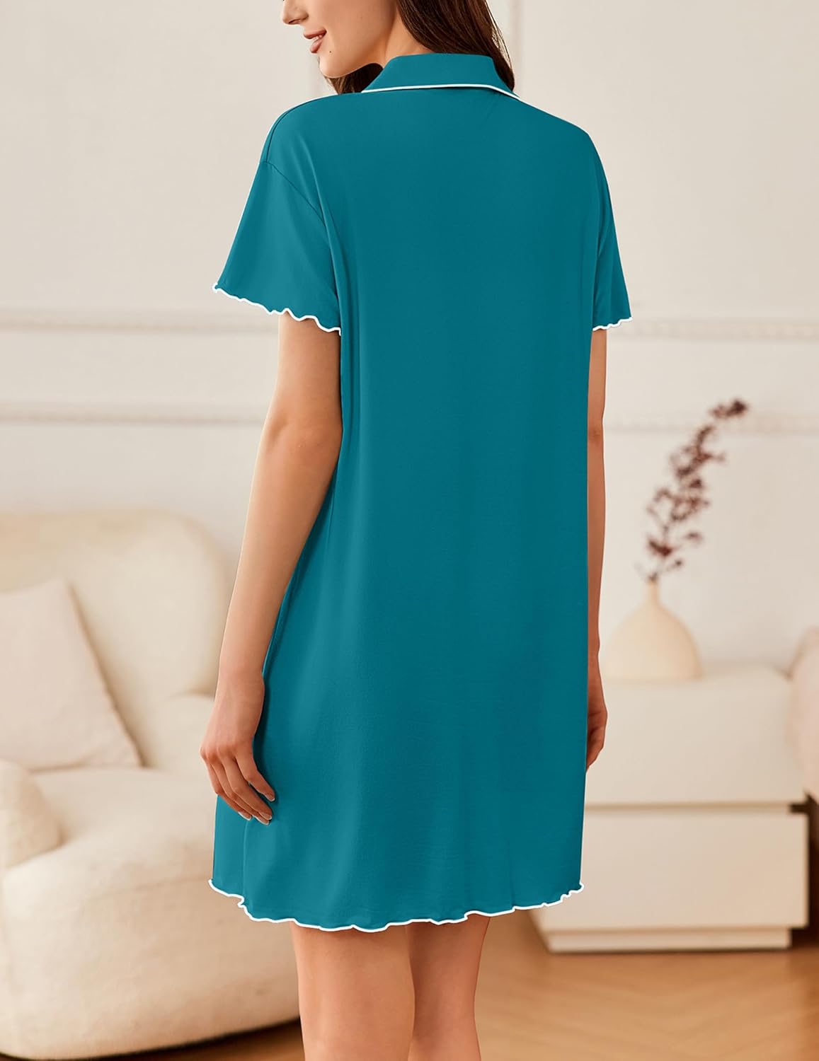 Back view of teal short-sleeve button-down sleep shirt with scalloped hem