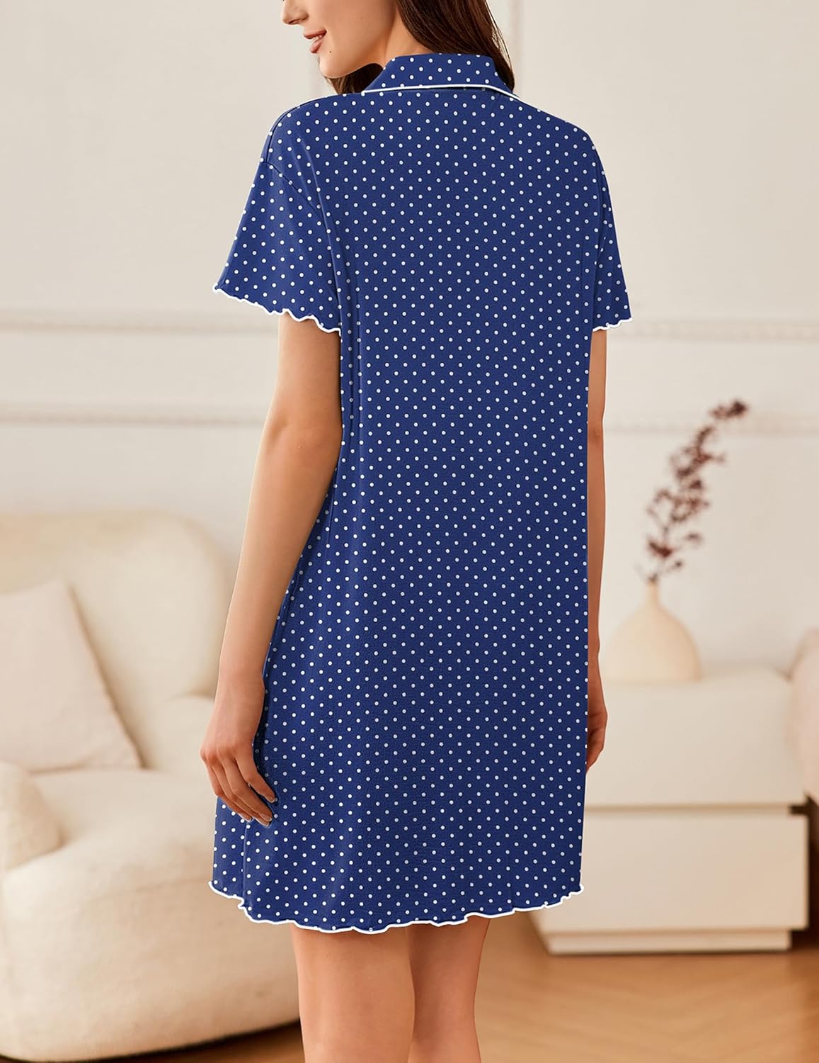 Navy dot-print short-sleeve sleep shirt with scalloped hem and button front