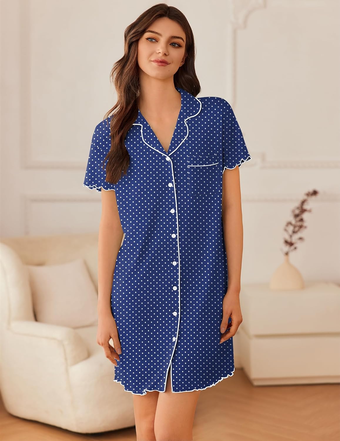 Navy short-sleeve button-down sleep shirt with white dot print and scalloped trim