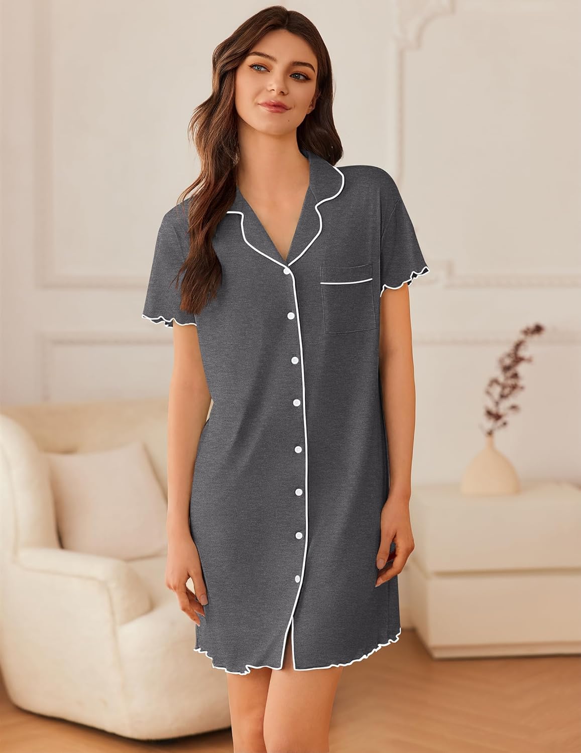 Dark gray short-sleeve button-down sleep shirt with white piping and chest pocket