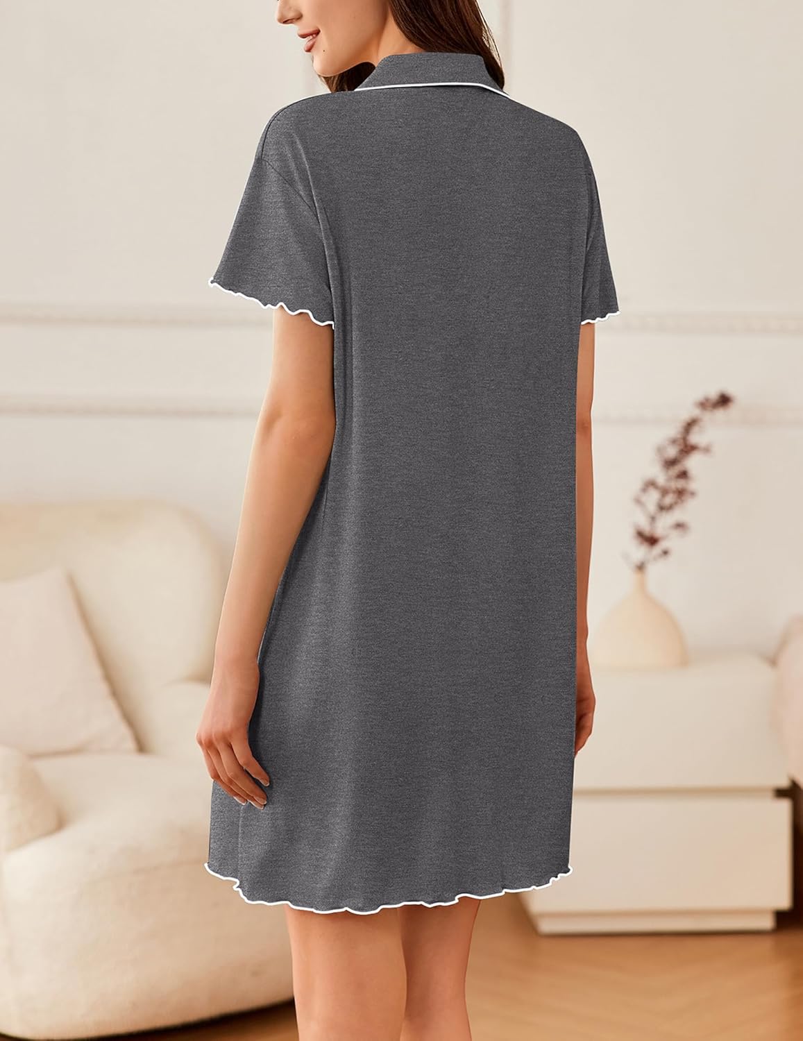 Dark gray short-sleeve sleep shirt with button-down front and scalloped hem