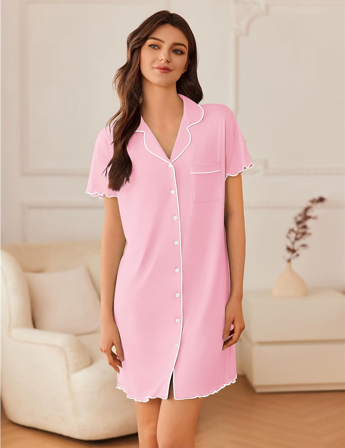 Pink short-sleeve button-down sleep shirt with scalloped edge and white trim