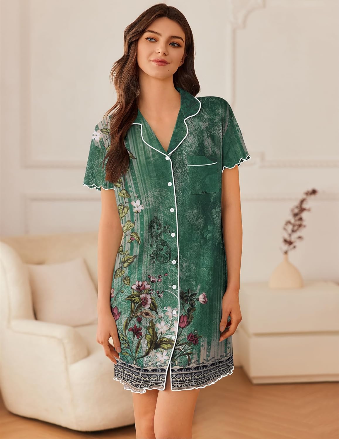 Blue-green floral short-sleeve button sleep shirt with collar and chest pocket