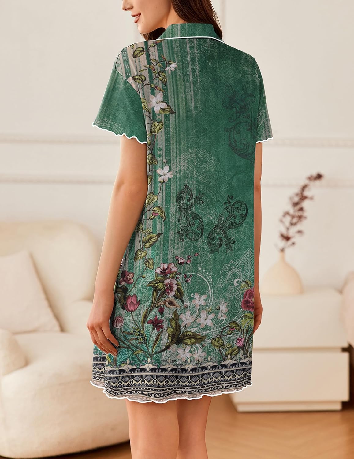 Blue-green floral short-sleeve sleep shirt, back view with button placket