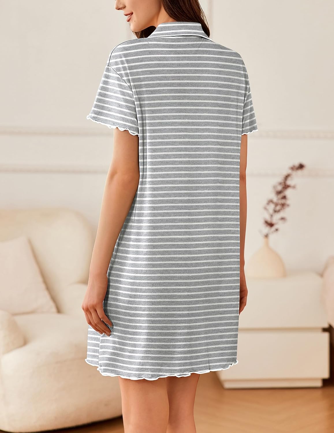 Gray and white striped short-sleeve button-down sleep shirt with curved collar