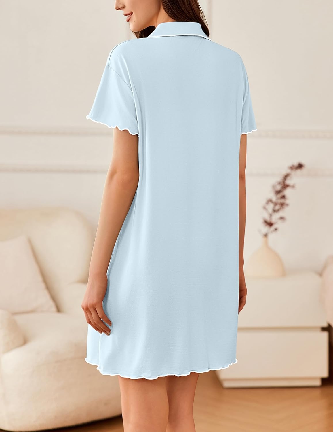 Light blue short-sleeve button sleep shirt, back view with scalloped edge