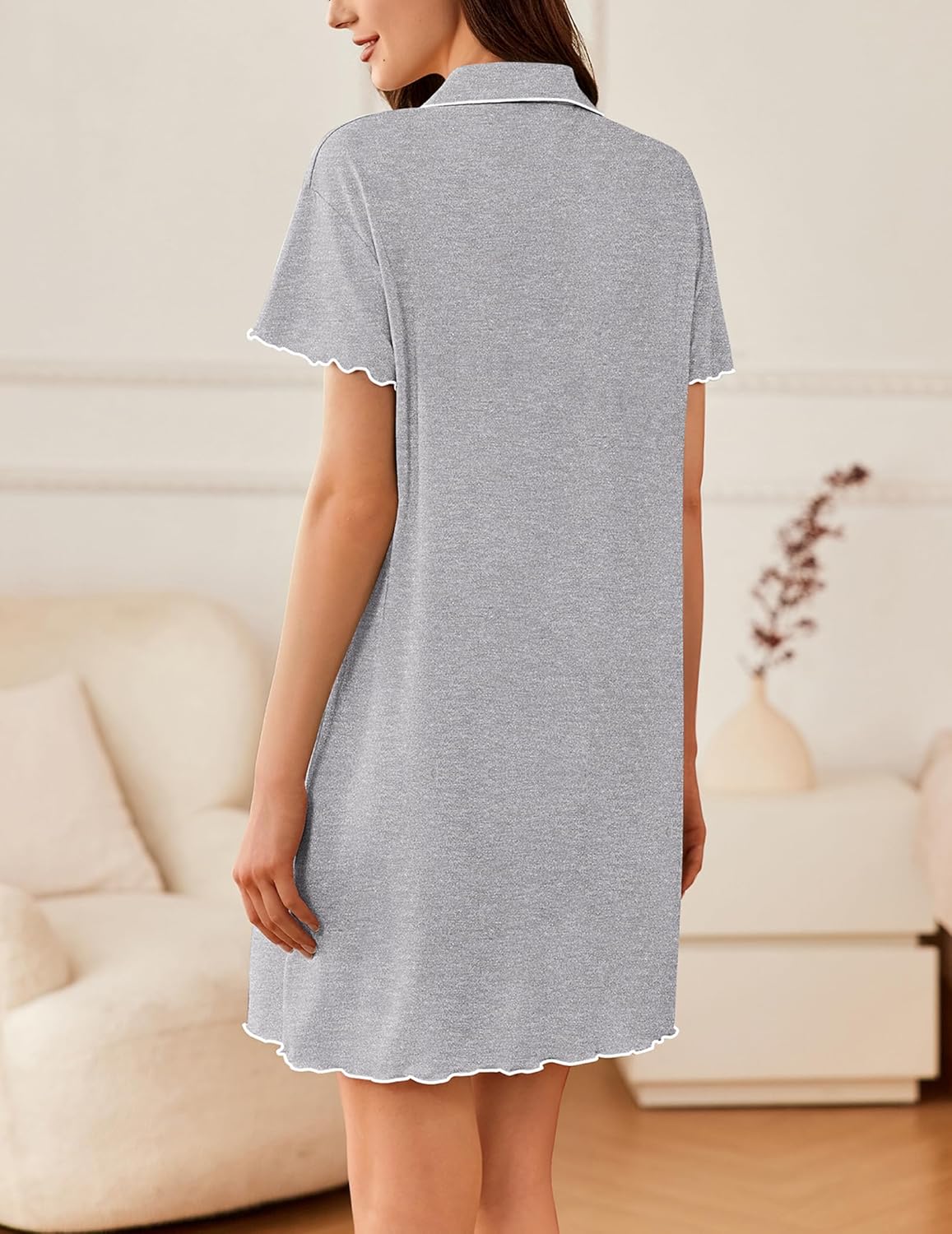 Back view of light gray short-sleeve button-down sleep shirt with scalloped hem