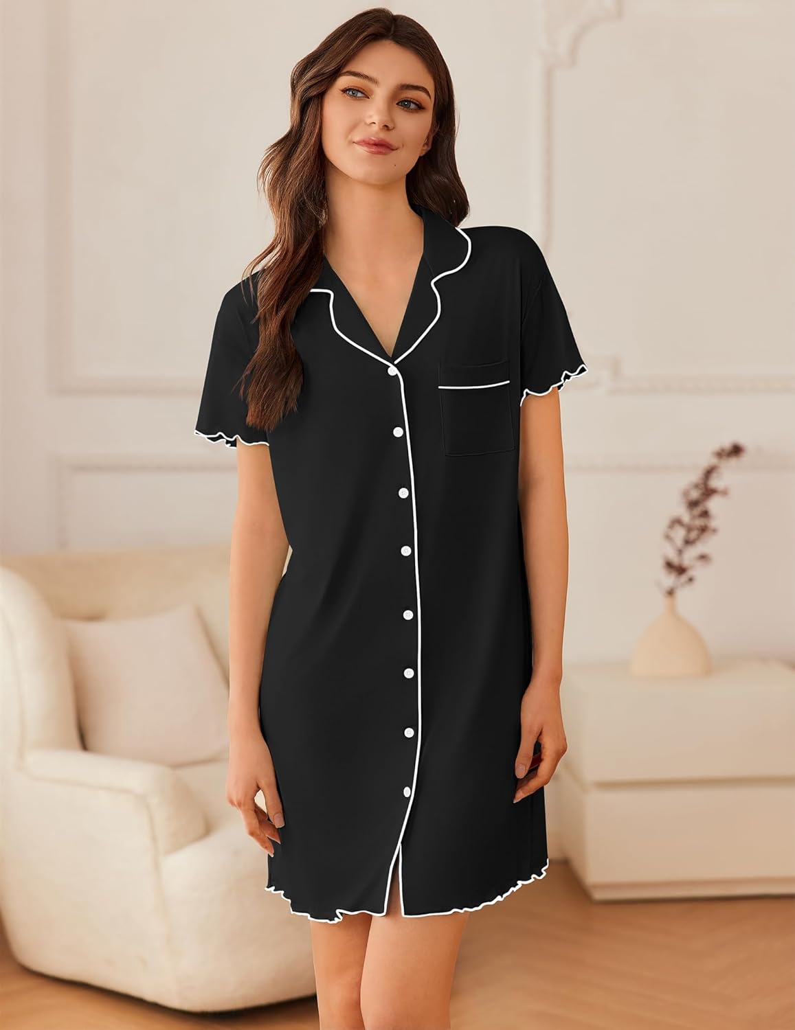 Black short-sleeve button-down nightshirt with white piping and chest pocket