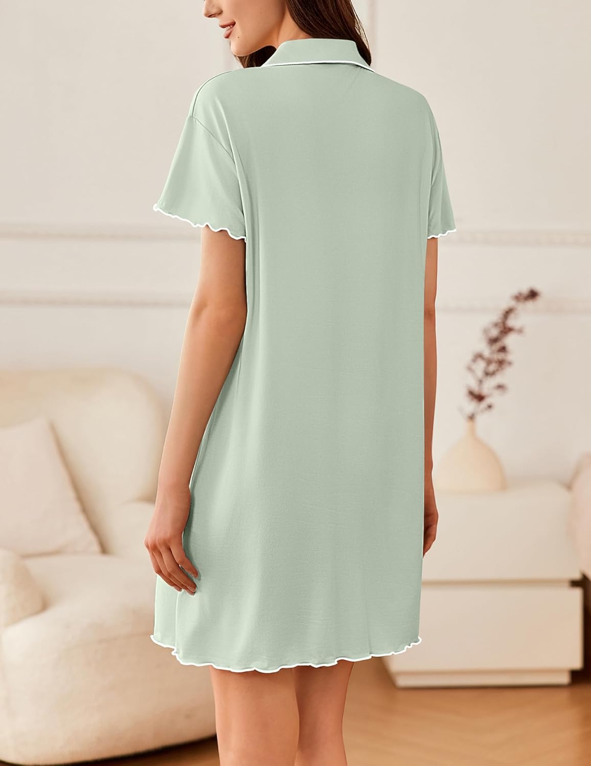Back view: mint green button-front sleep shirt with scalloped sleeve edges and hem