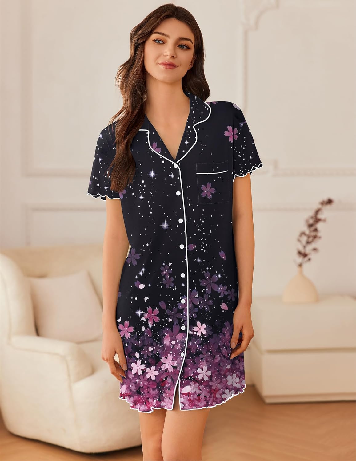 Dark short-sleeve button-down sleep shirt with star print and floral accents