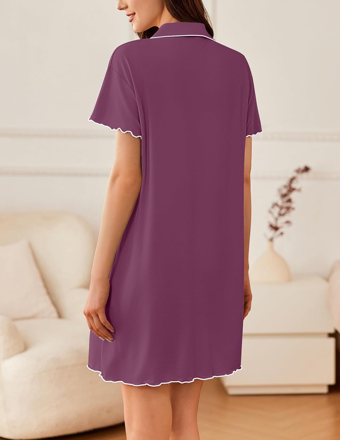 Back view of purple short-sleeve button-down sleep shirt with scalloped hem trim