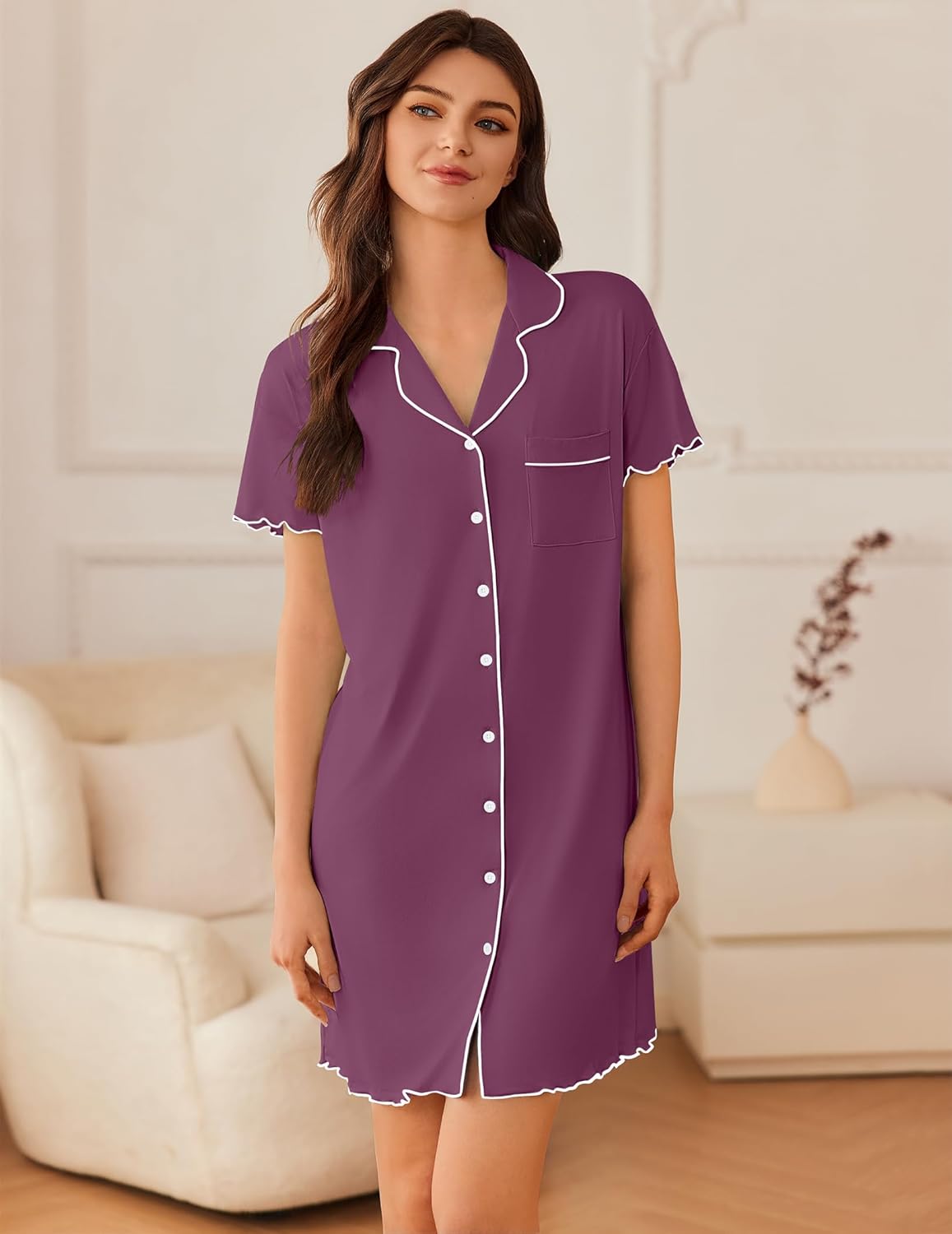Purple short-sleeve button-down sleep shirt with chest pocket and scalloped trim