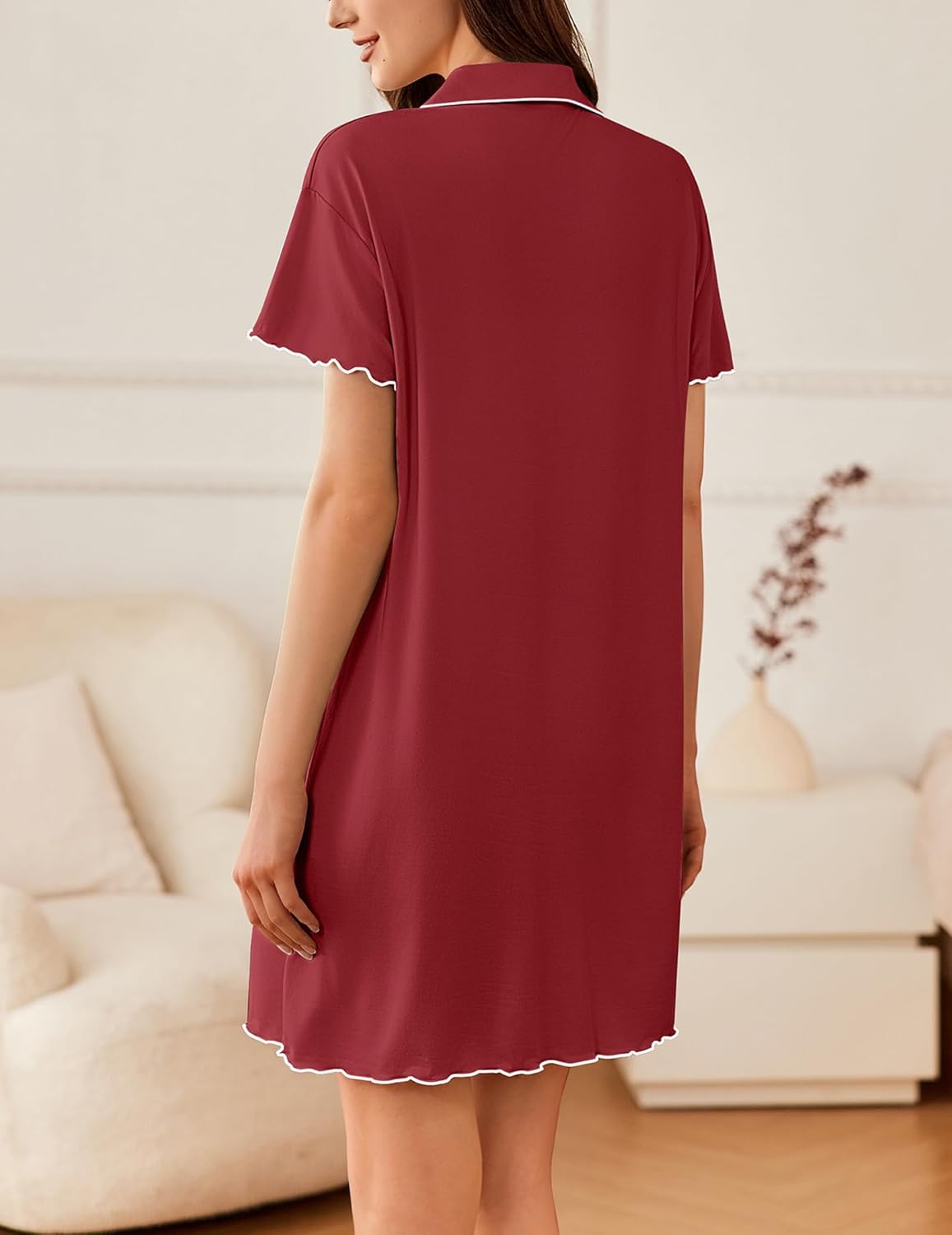 Wine-red short-sleeve button sleep shirt, back view with scalloped hem