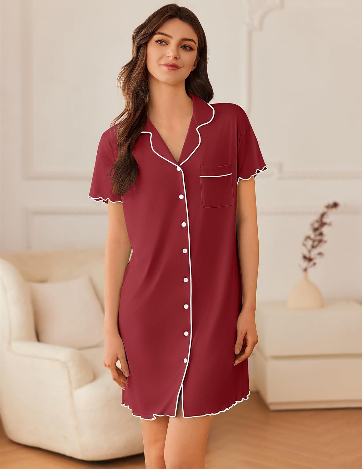 Wine-red short-sleeve button sleep shirt with white piping and front slit