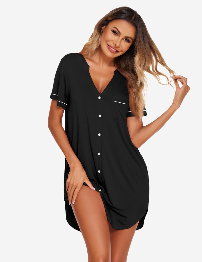 Black V-neck button nightshirt, short sleeves, front placket with white buttons
