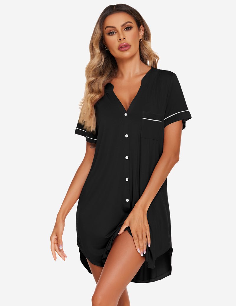 Black V-neck button nightshirt, chest pocket and short sleeves with contrast edge