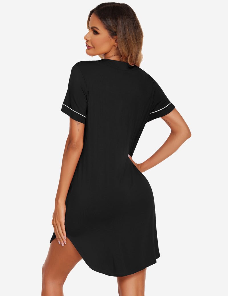 Black V-neck sleep shirt back view, short sleeves with contrast trim