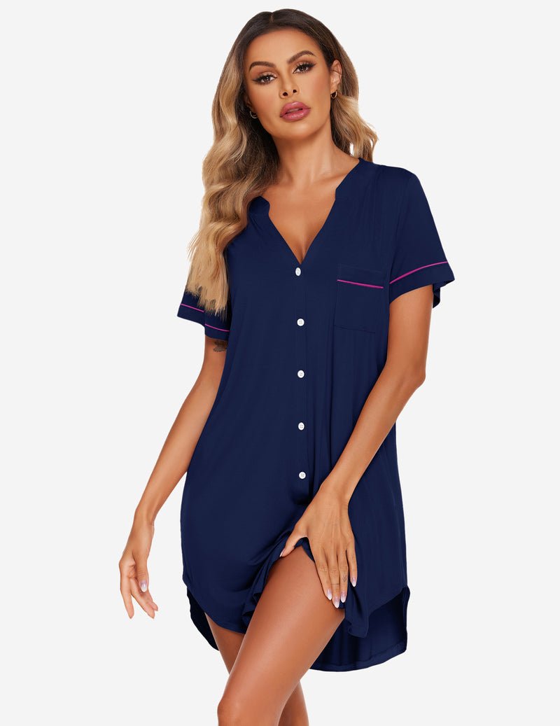 Navy sleep shirt nightdress with pink-trim V-neck, button front, short sleeves