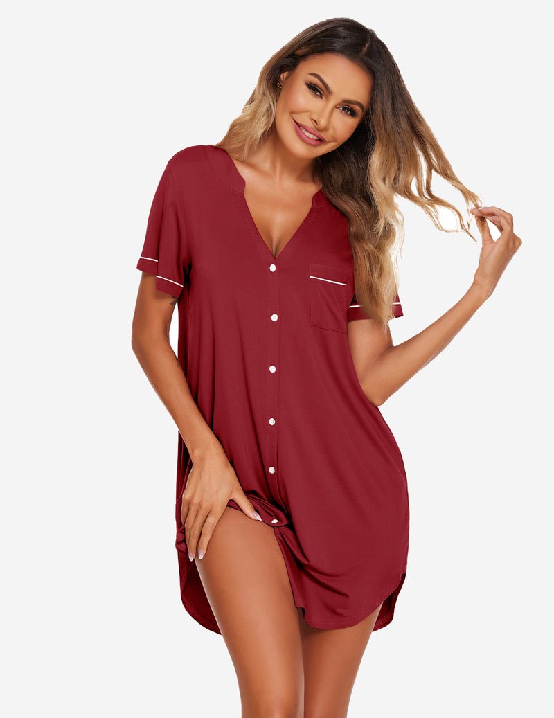 Wine red V-neck button-front sleep shirt nightdress with chest pocket and short sleeves