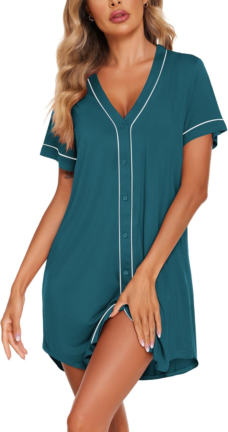 Button-down sleep shirt nightdress in teal with white trim, V-neck, short sleeves
