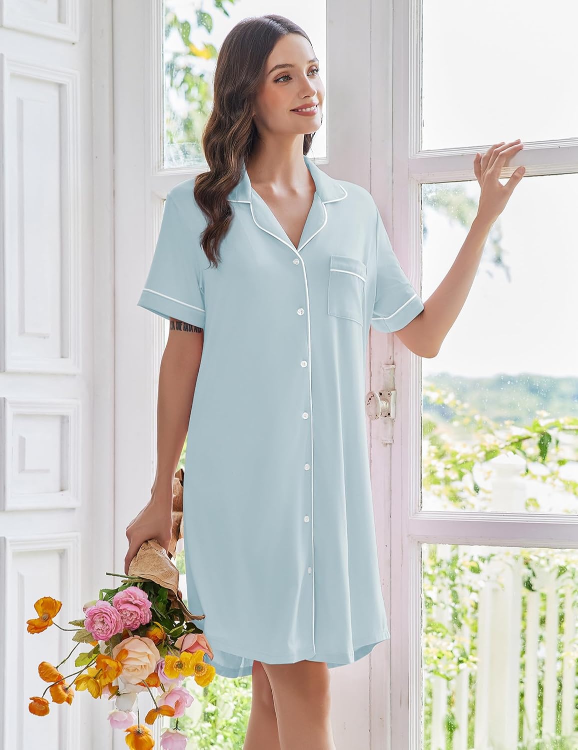 Light blue short-sleeve button-down sleep shirt with chest pocket and contrast trim