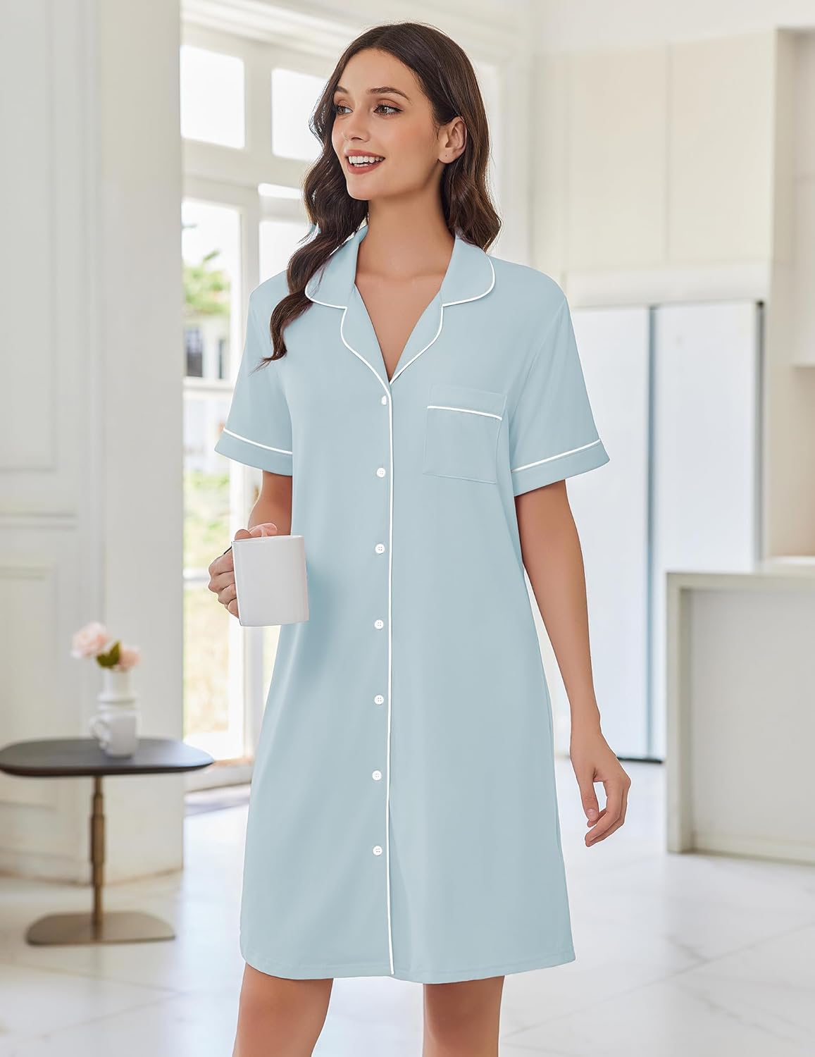 Light blue short-sleeve button-down nightshirt with white-trim collar and front buttons
