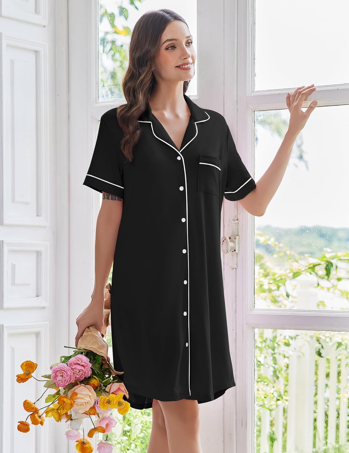 Black short-sleeve pajama nightshirt with button placket and contrast trim