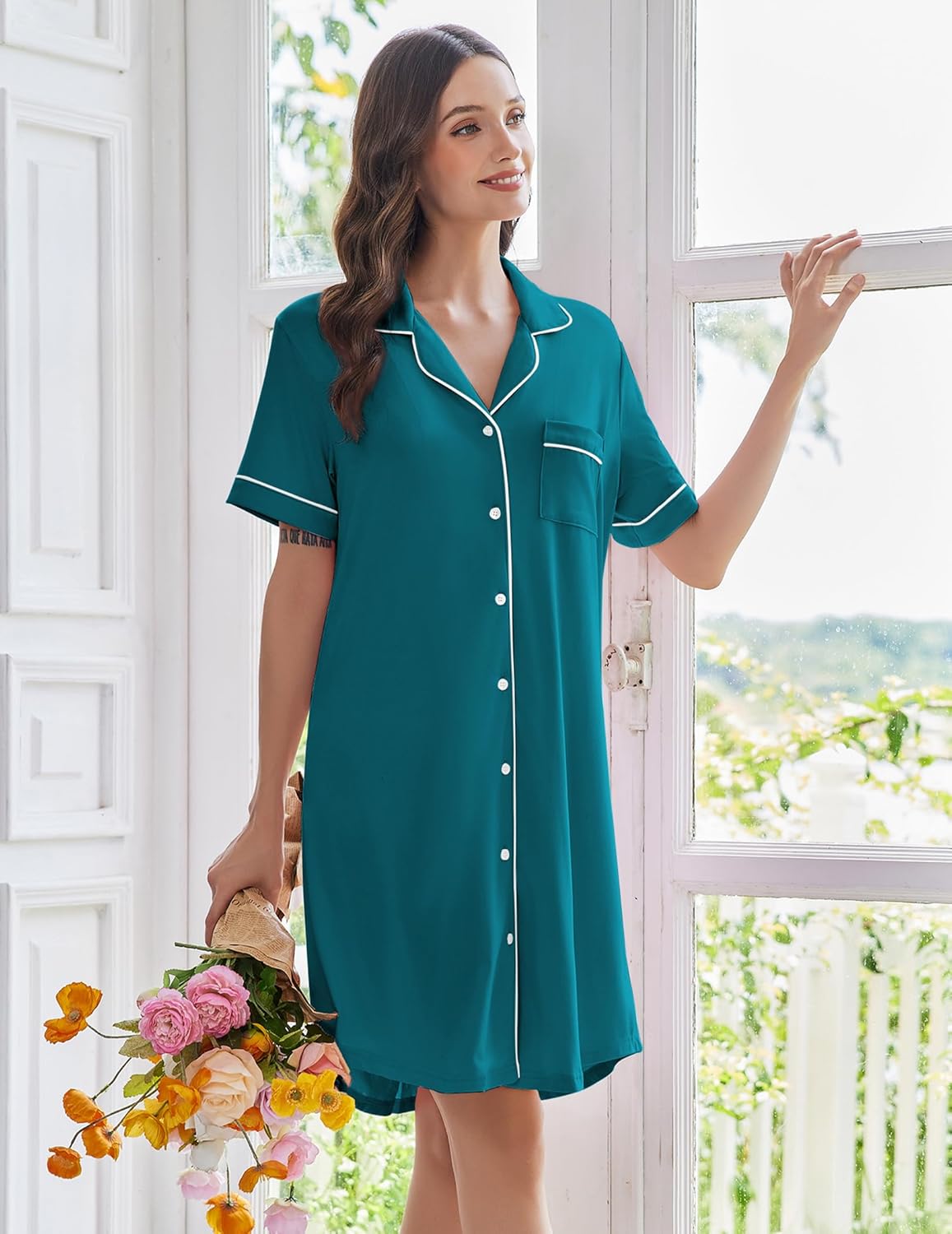 Teal short-sleeve button-down nightshirt with contrast trim and front button placket