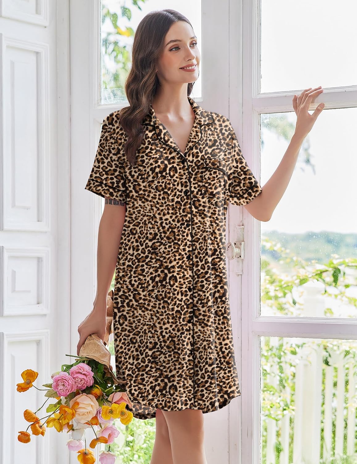 Brown leopard print short-sleeve nightshirt with chest pocket and button front