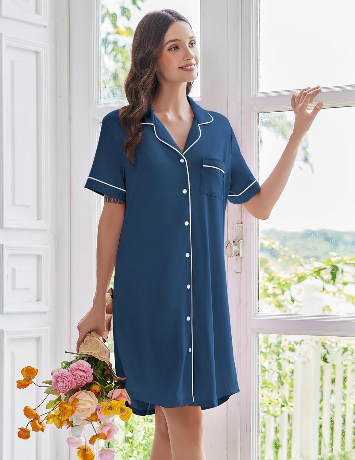 Blue short-sleeve button-down nightshirt with contrast piping and chest pocket