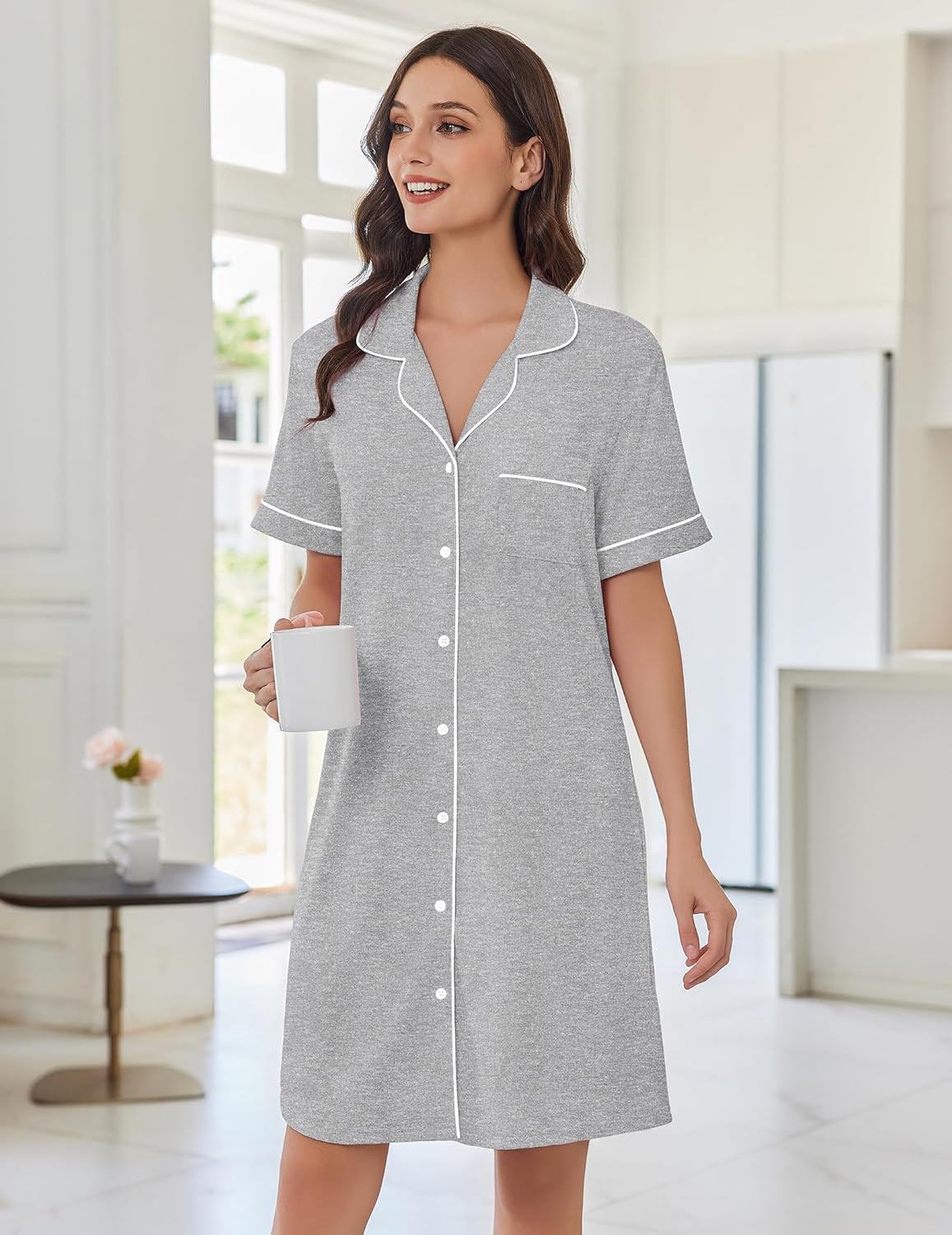 Light grey short-sleeve button-down nightshirt with contrast piping and chest pocket
