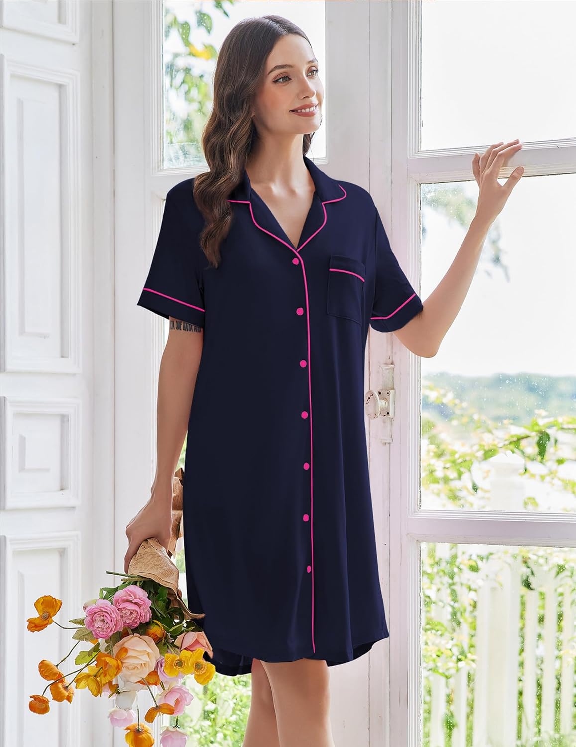Dark navy short-sleeve sleep shirt with pink button trim and chest pocket