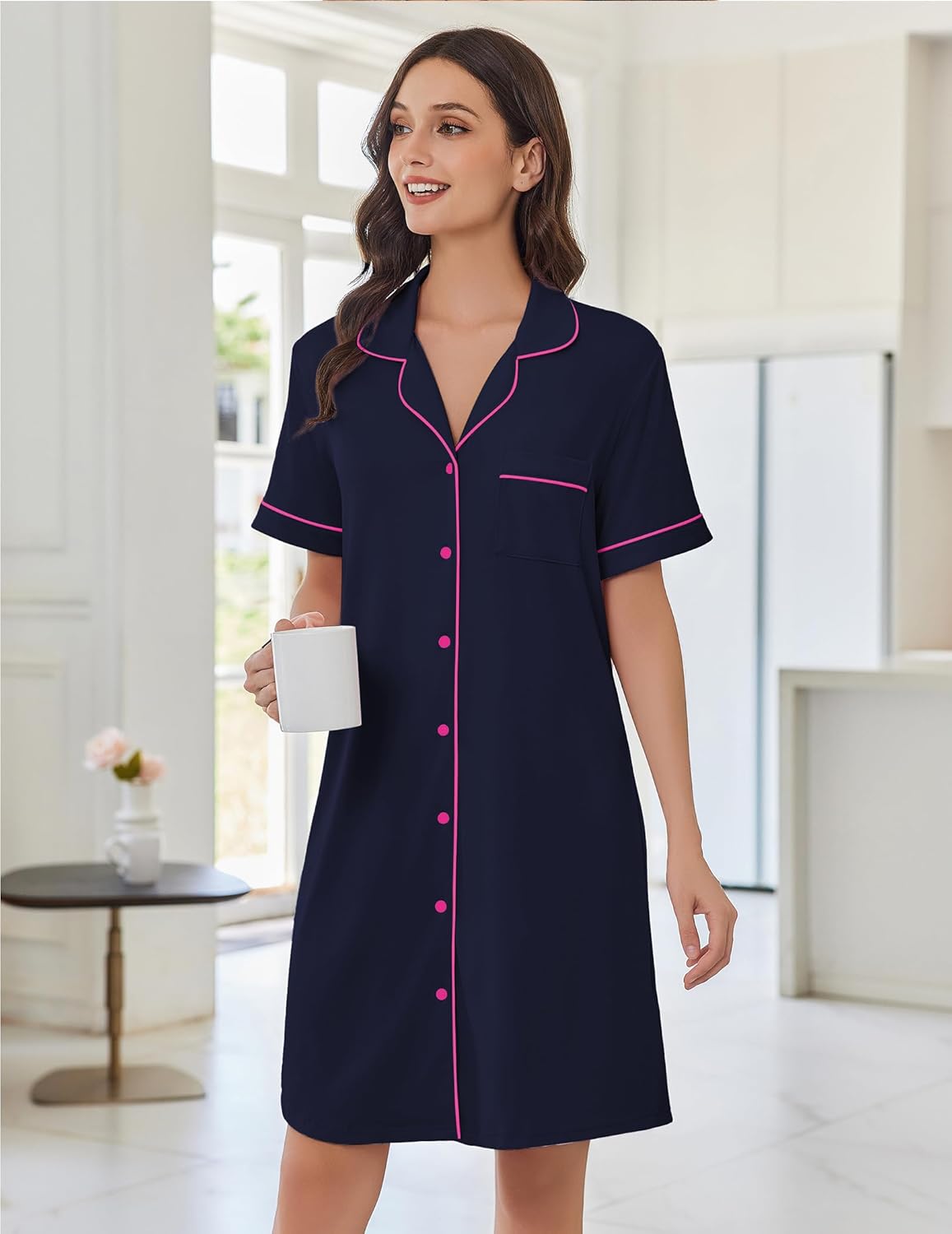Navy blue short-sleeve button-down nightshirt with pink trim and chest pocket