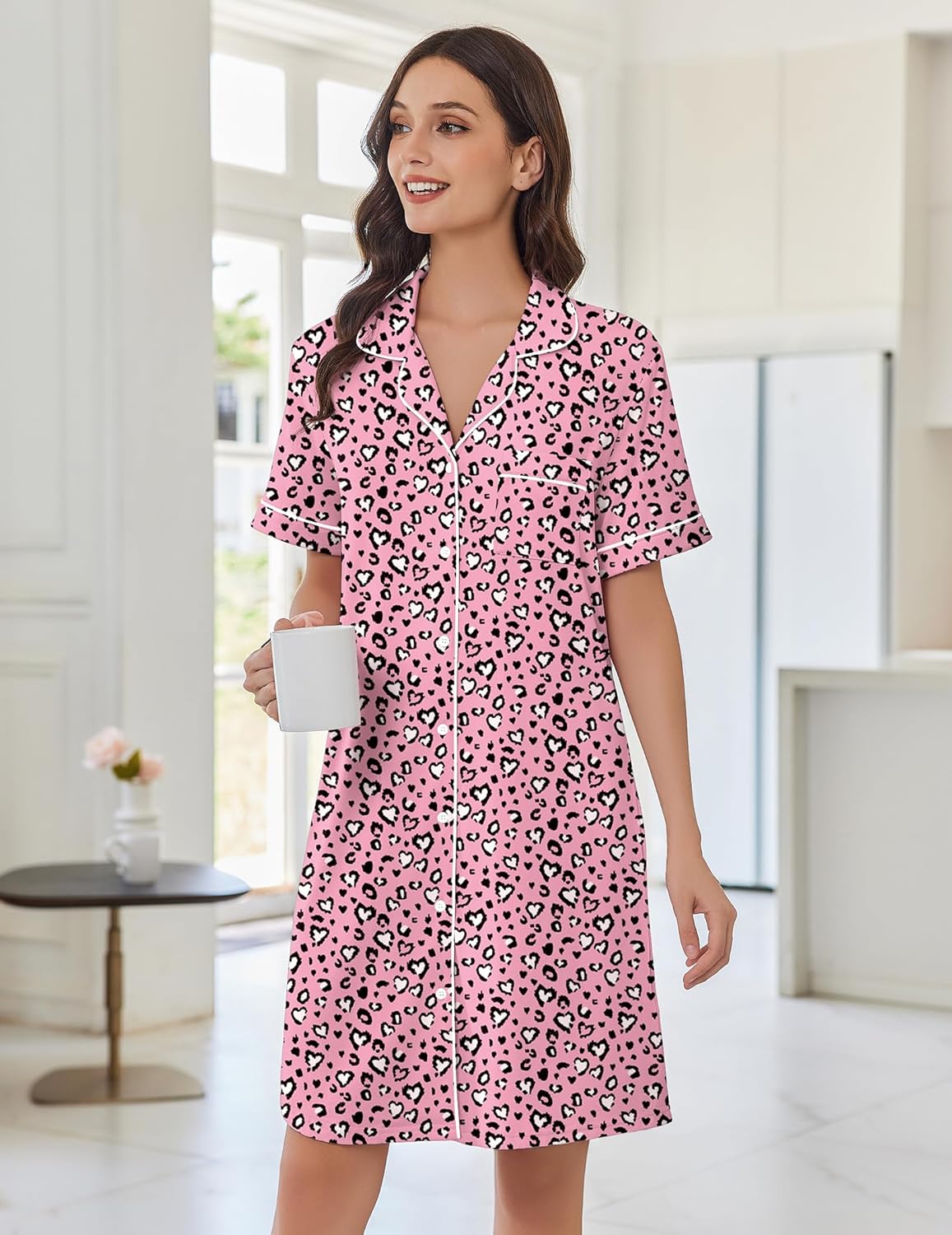 Pink short-sleeve button-down nightshirt with allover heart/animal print pattern