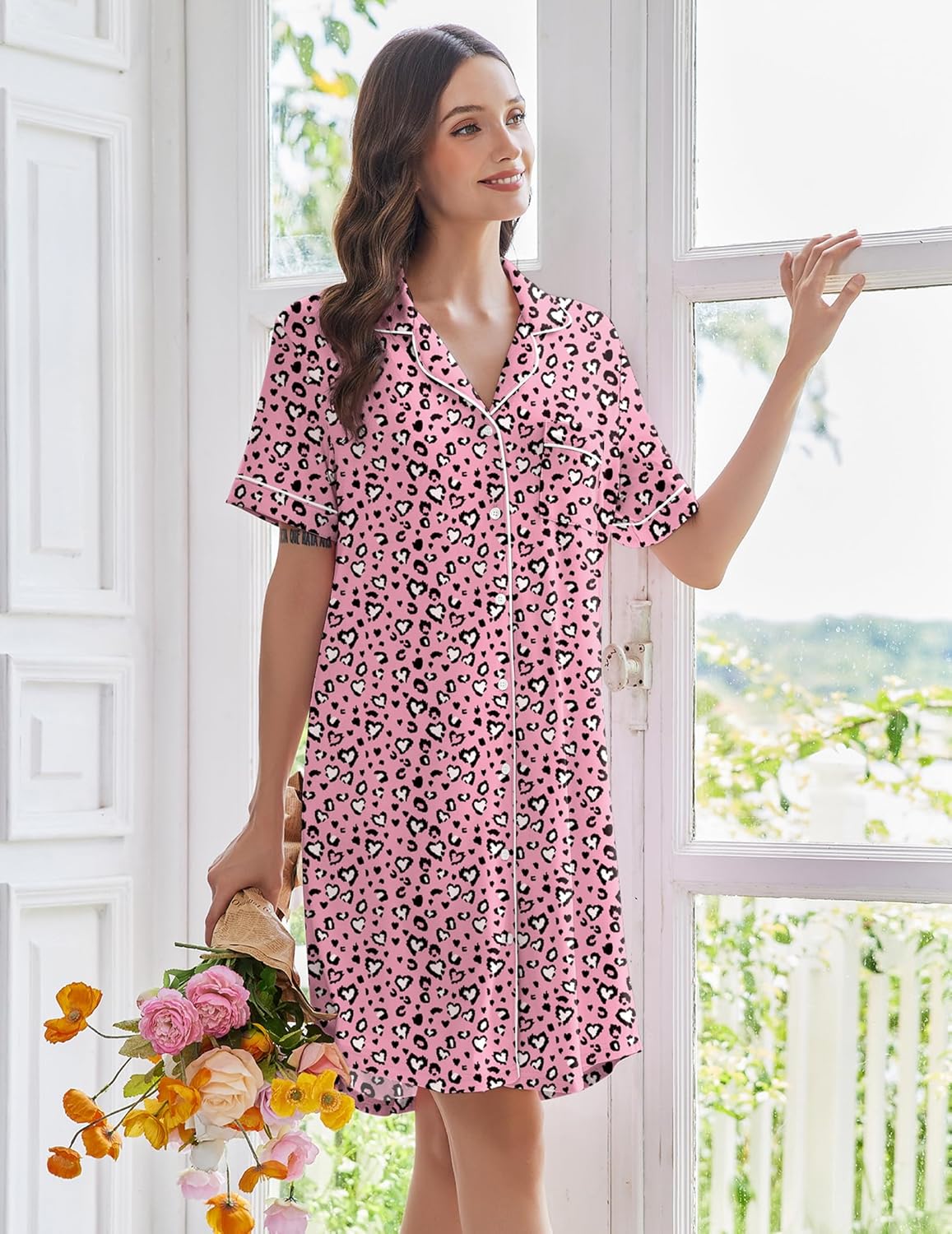 Pink heart print short-sleeve button-down nightshirt with button front and pocket