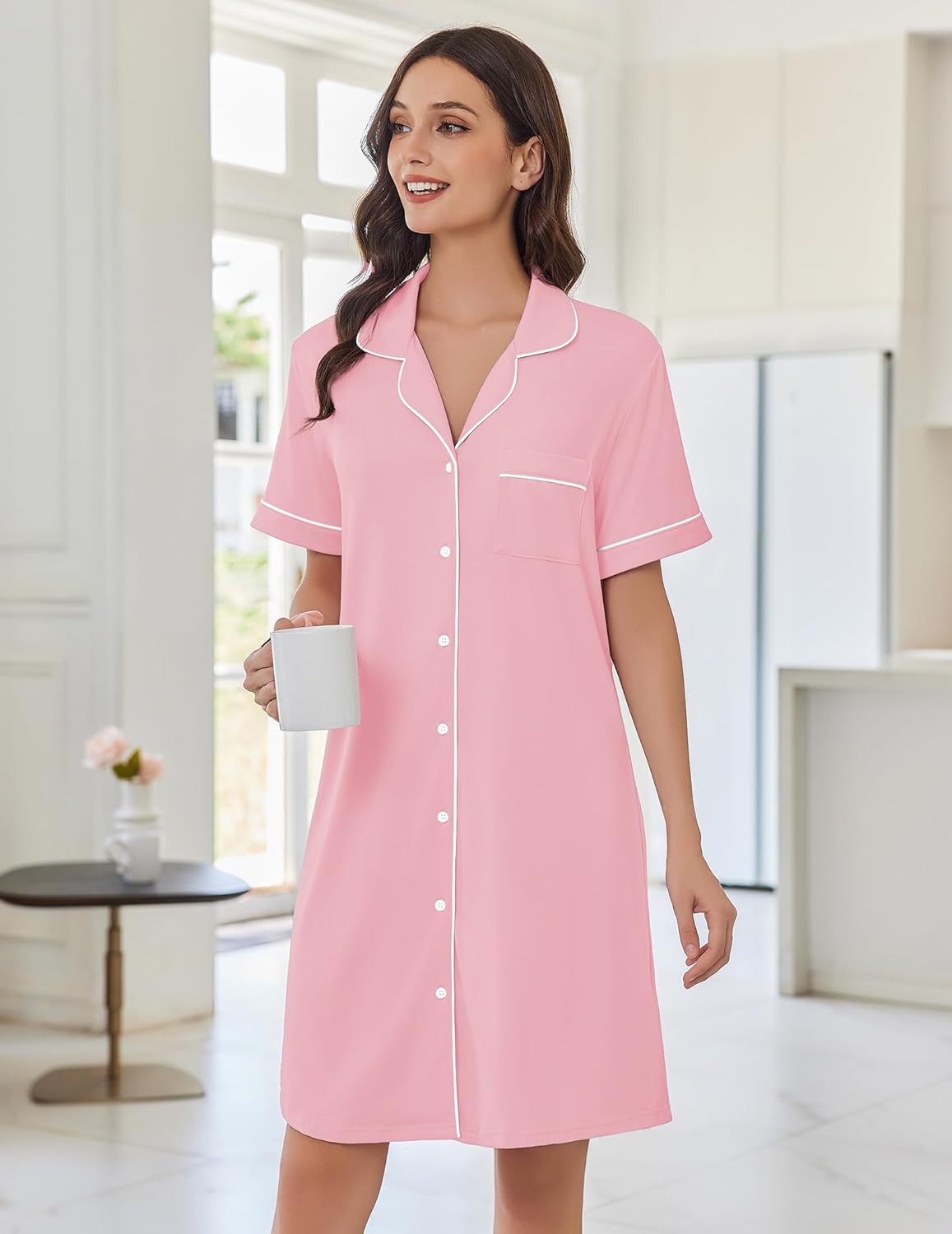 Pink short-sleeve button-down nightshirt with white-trim collar and button front