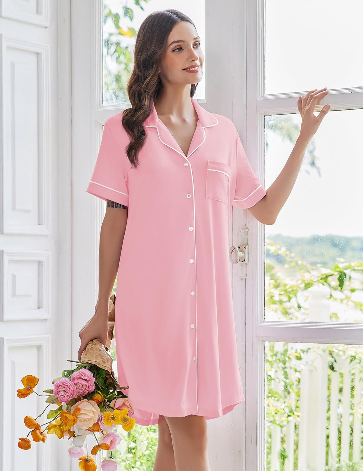 Soft pink short-sleeve button-down sleep shirt with chest pocket and contrast trim