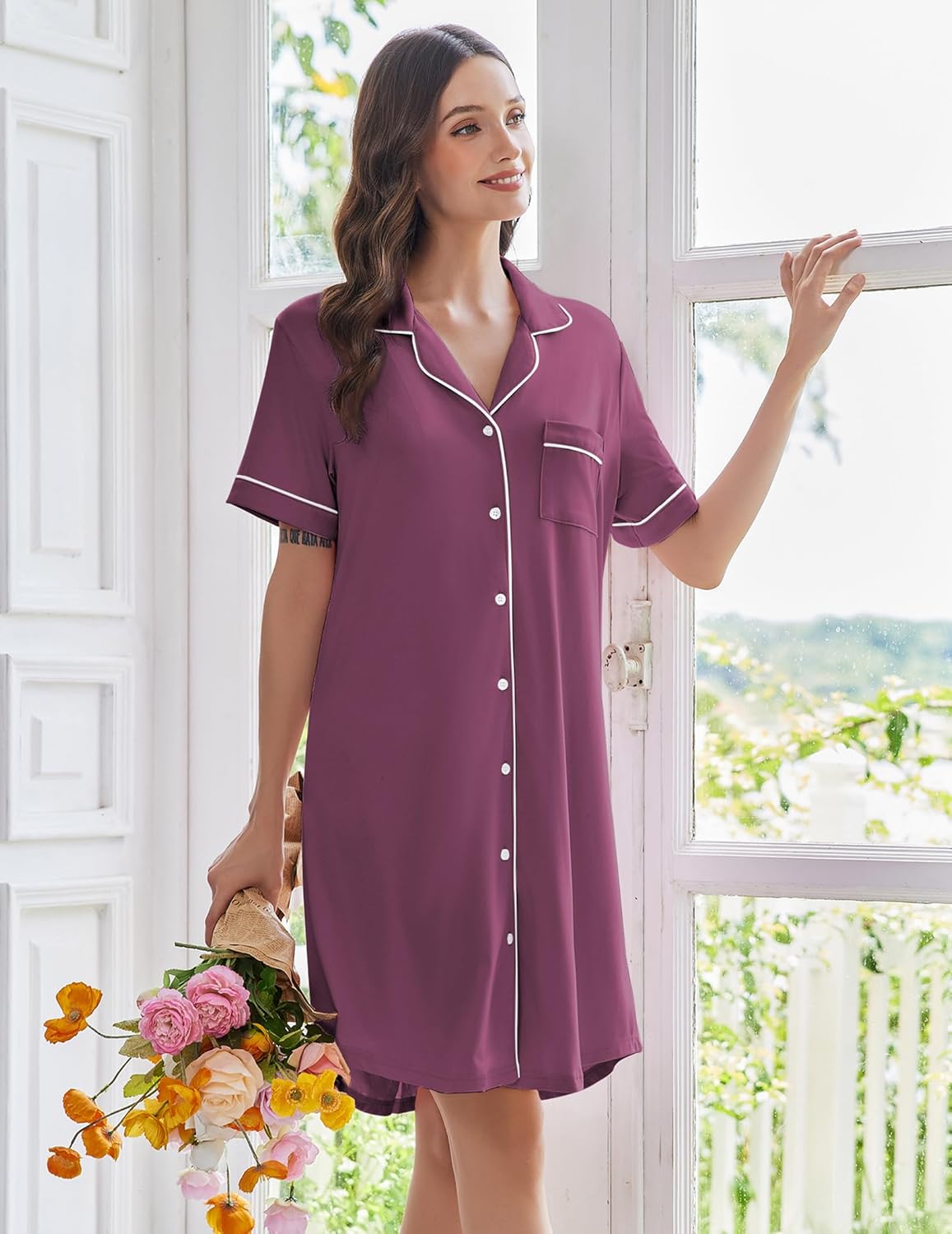 Purple short-sleeve button-down nightshirt with contrast piping and chest pocket