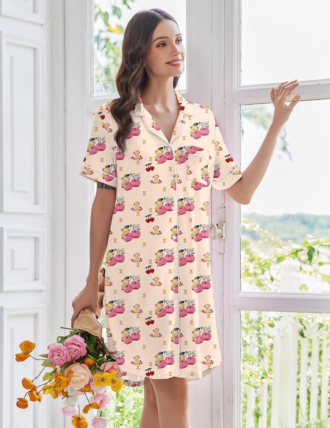 Cream short-sleeve button-down nightshirt with cute character and cherry print