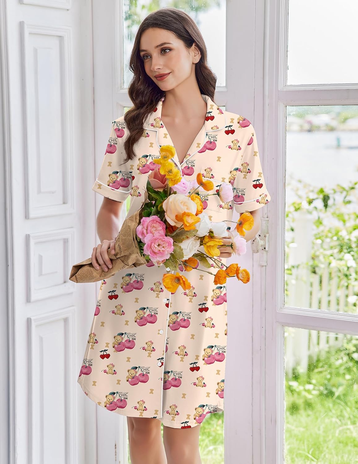 Cream button-down sleep shirt, short sleeves, allover character and cherry pattern