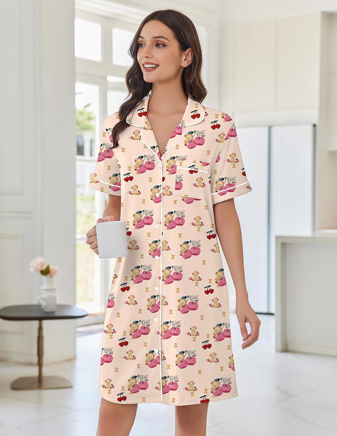 Cream short-sleeve pajama nightshirt with button front and colorful character print