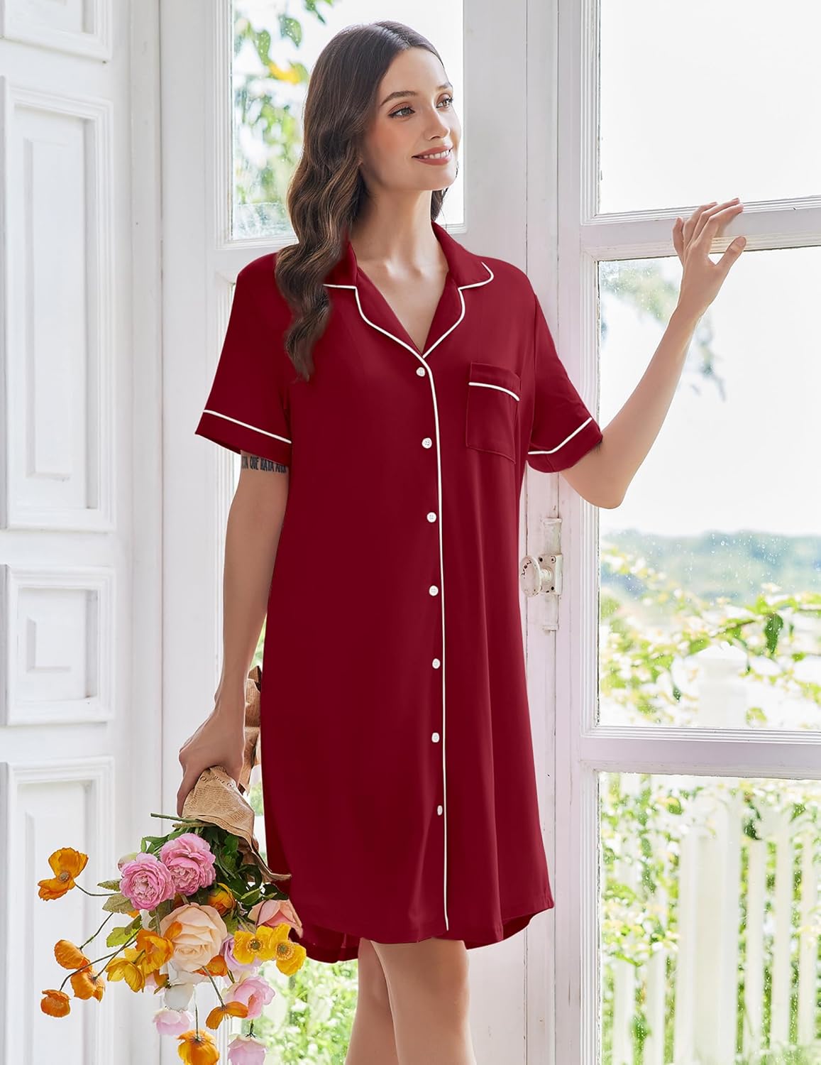 Wine red short-sleeve nightshirt with chest pocket, white piping, and button front