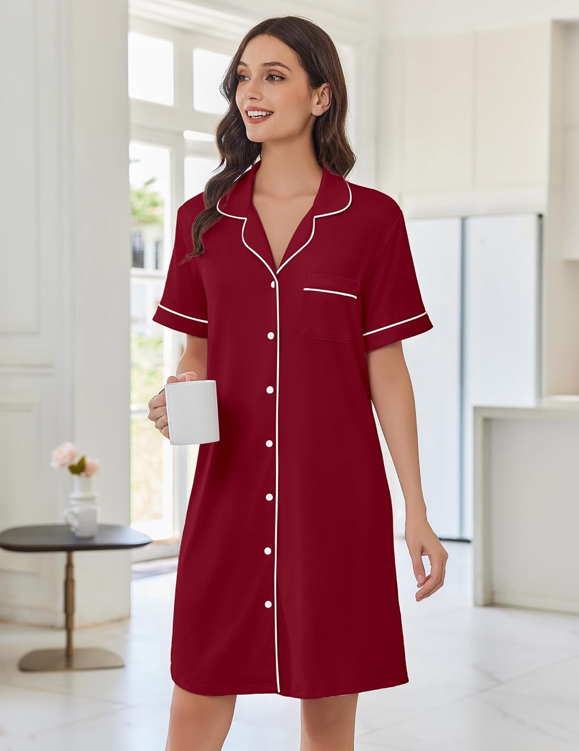 Wine red short-sleeve button-down nightshirt with white-trim collar and front buttons