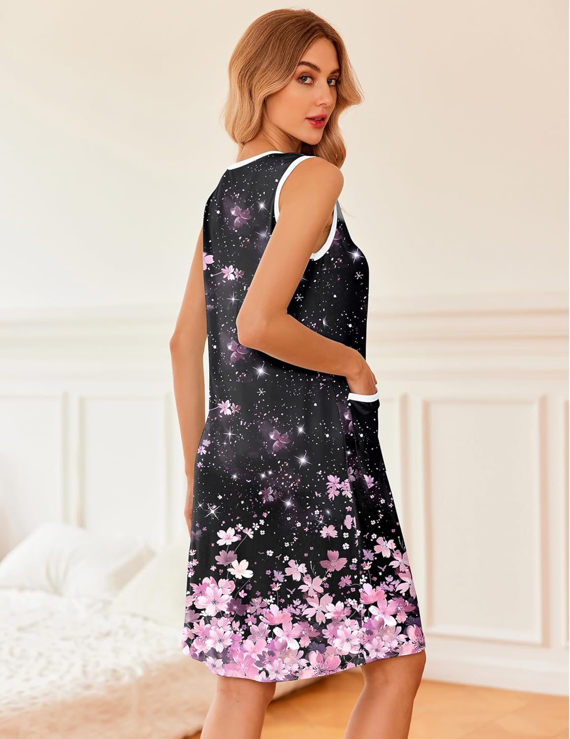 Black starry night floral sleeveless nightgown with button placket and contrast trim