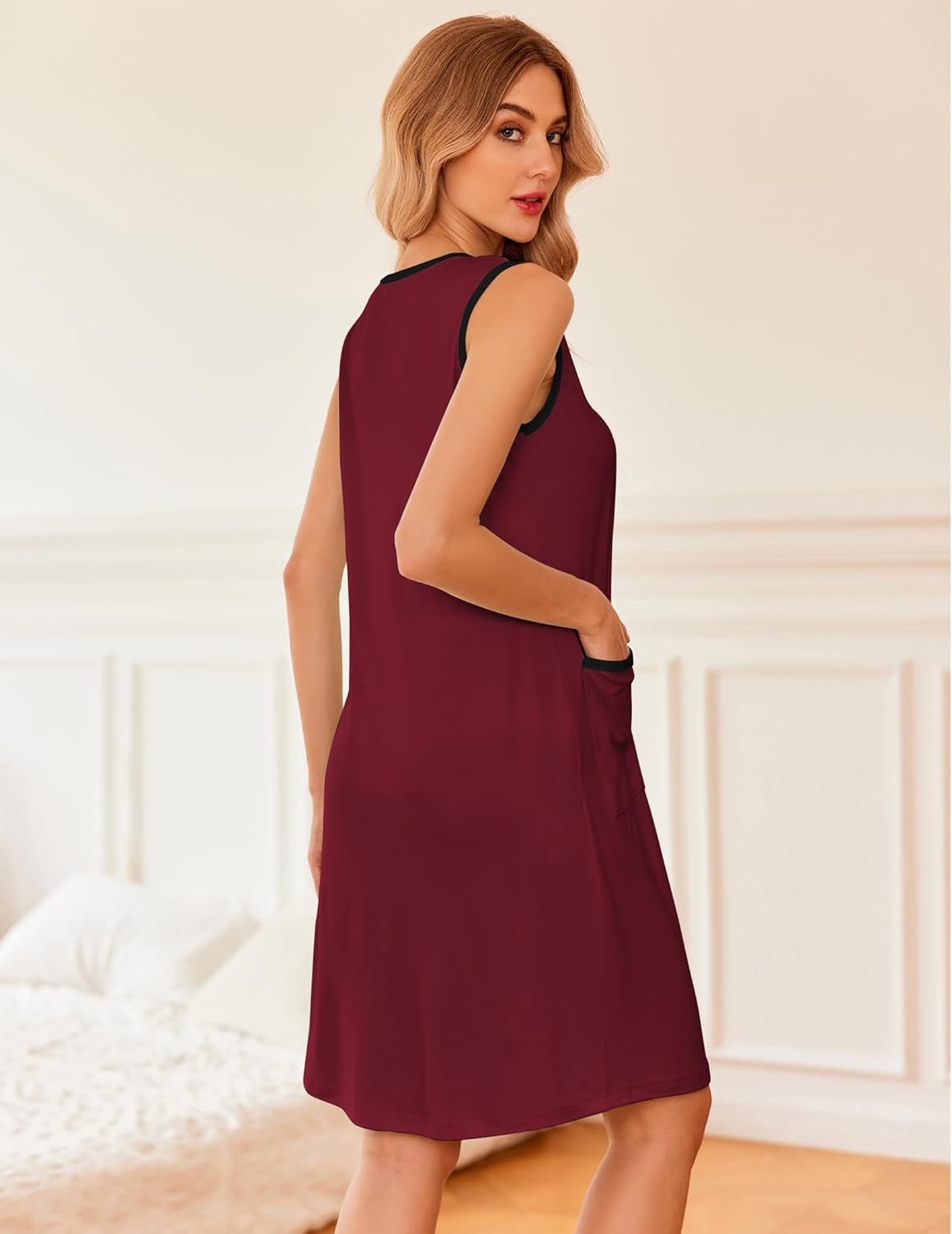 Burgundy button-front sleeveless nightshirt, V-neck and patch pockets